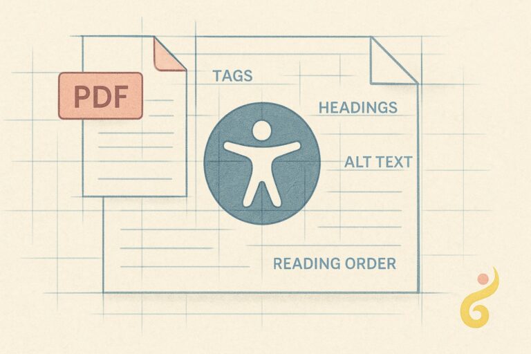 A stylized PDF document blueprint spread across the frame — faint construction lines, labeled areas for Tags, Headings, Alt Text, Reading Order, etc. The accessibility (universal person) icon sits in the center like a seal of approval. Subtle Redmore Studio logo watermark bottom right,